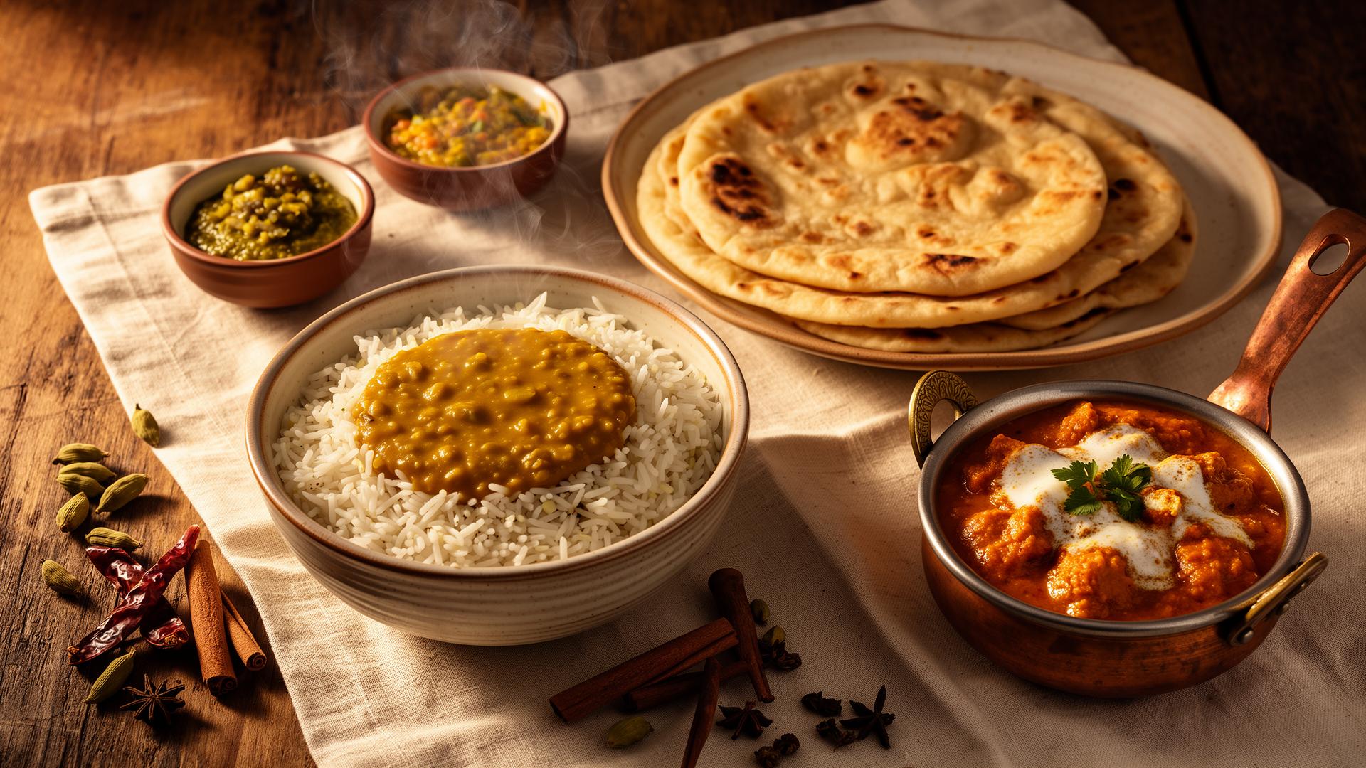 A warm spread of dal, rice, butter chicken, roti and chutneys — homefood from Mokum Masala Amsterdam